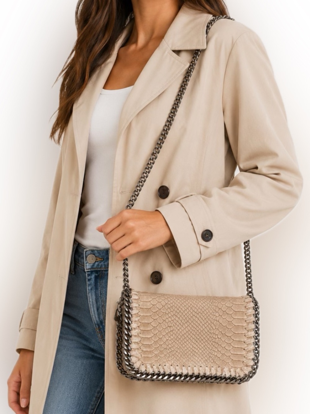 Genuine Leather Snake Embossed Crossbody Bag Taupe Chain Strap